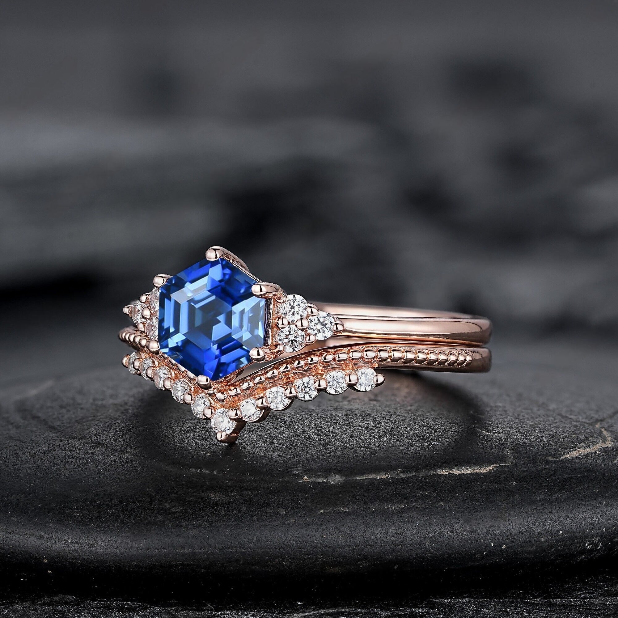 Hexagon Cut Blue Sapphire Engagement Ring Set, Unique Rose Gold Chevron Bridal Set, Curved Promise Wedding Ring Set for Women - anerjuly