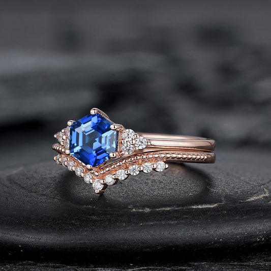 Hexagon Cut Blue Sapphire Engagement Ring Set, Unique Rose Gold Chevron Bridal Set, Curved Promise Wedding Ring Set for Women - anerjuly