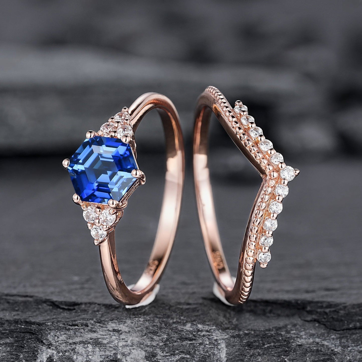 Hexagon Cut Blue Sapphire Engagement Ring Set, Unique Rose Gold Chevron Bridal Set, Curved Promise Wedding Ring Set for Women - anerjuly