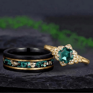 Hexagon Cut Leaf Emerald & Tungsten Couple Ring Set - anerjuly