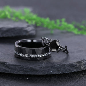Hexagon Cut Vintage Black Onyx Couple Ring Set Rose Gold Black Tungsten Wedding Band for His and Her Promise Ring - anerjuly