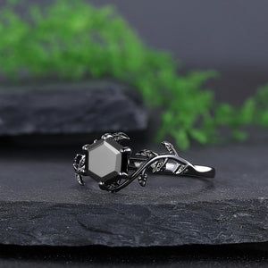 Hexagon Cut Vintage Black Onyx Couple Ring Set Rose Gold Black Tungsten Wedding Band for His and Her Promise Ring - anerjuly