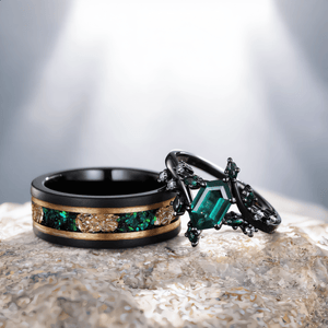 Hexagon Emerald Couple Ring His&Her Matching Wedding Band Emerald And Emerald Engagement Ring Tungsten Ring Leaf Design Bridal Ring Custom - anerjuly