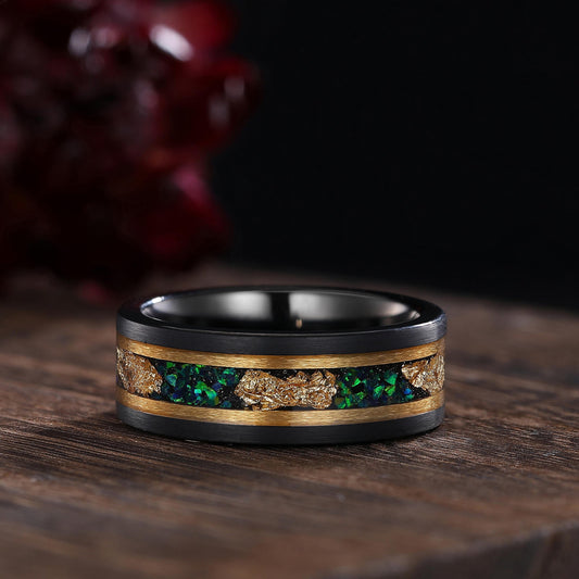 Hexagon Emerald Couple Ring His&Her Matching Wedding Band Emerald And Emerald Engagement Ring Tungsten Ring Leaf Design Bridal Ring Custom - anerjuly