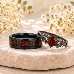 Hexagon Natural Garnet Leaf Couple Ring Set Nature Inspired Matching Wedding Rings - anerjuly