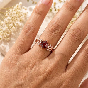 Hexagon Natural Garnet Leaf Engagement Ring Nature Inspired Women's Ring - anerjuly