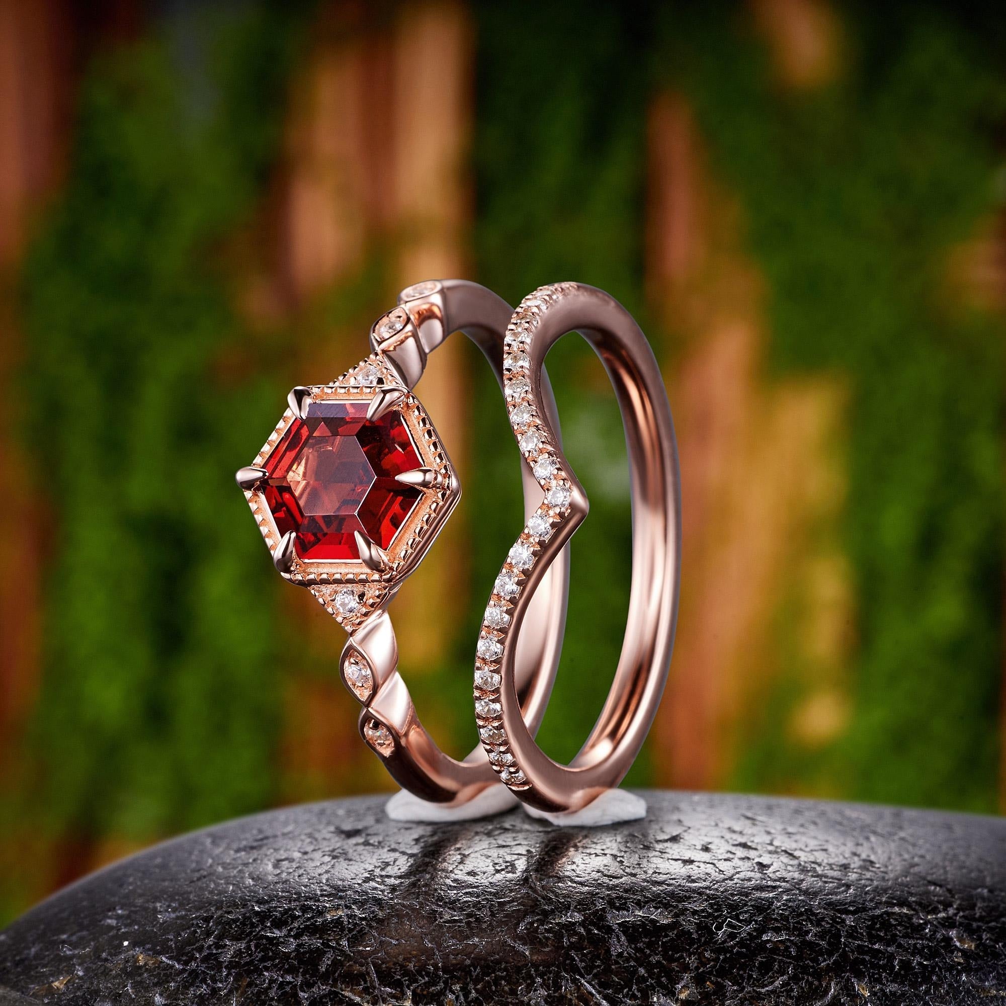 Hexagon Natural Red Garnet Engagement Ring Set Leaf Women Bridal Promise Ring - anerjuly