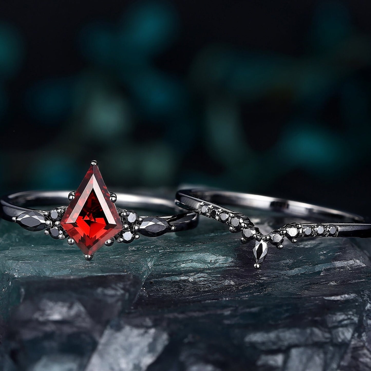 Red Couples Ring Set Garnet Engagement Ring Set Black Gold Couple Rings Tungsten Wedding Band Promise Ring for Her