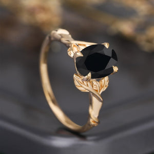 Leaf & Vine Oval Black Onyx Engagement Ring