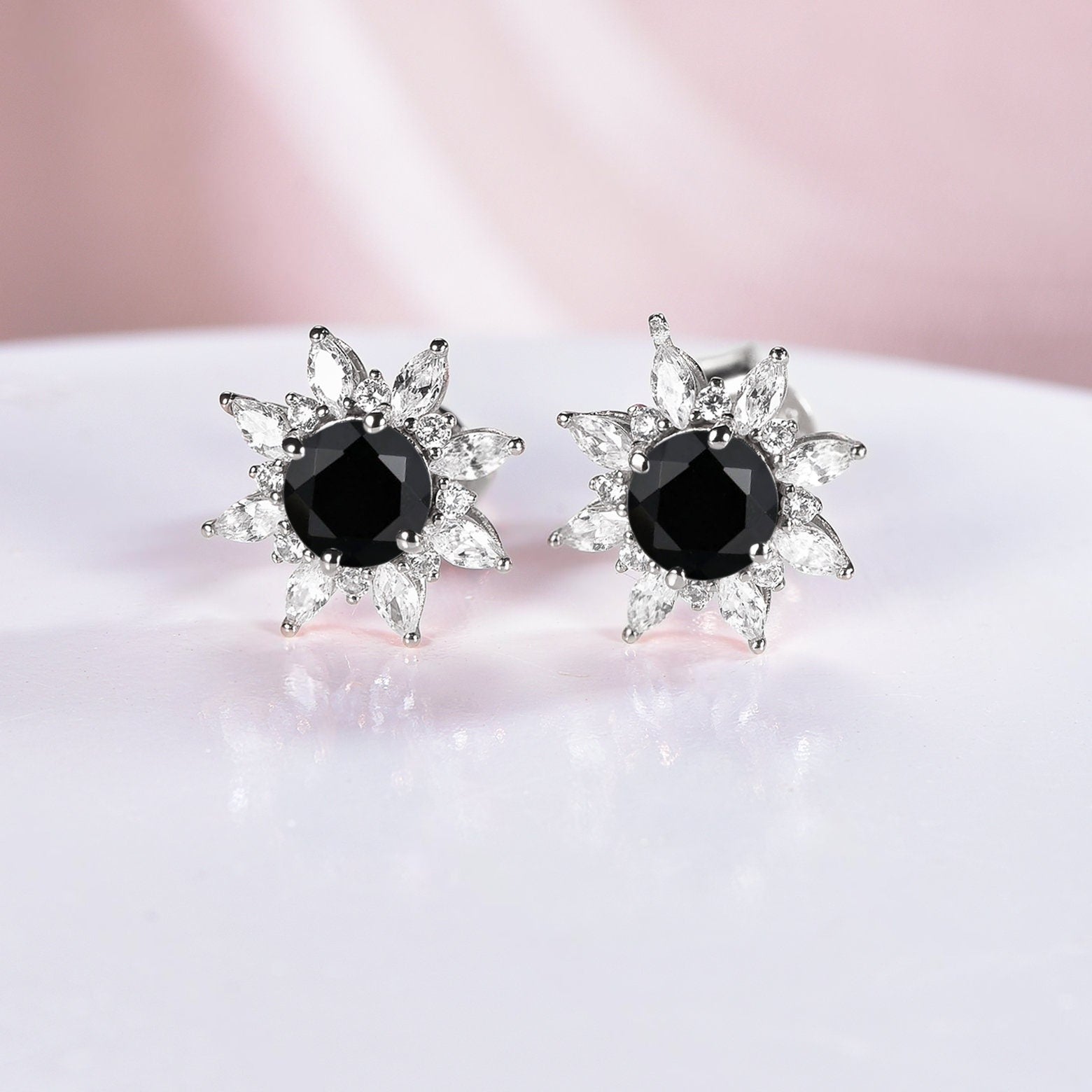 Black Onyx Halo Earrings Everyday Vine Leaf Nature Inspired Onyx Studs Earrings