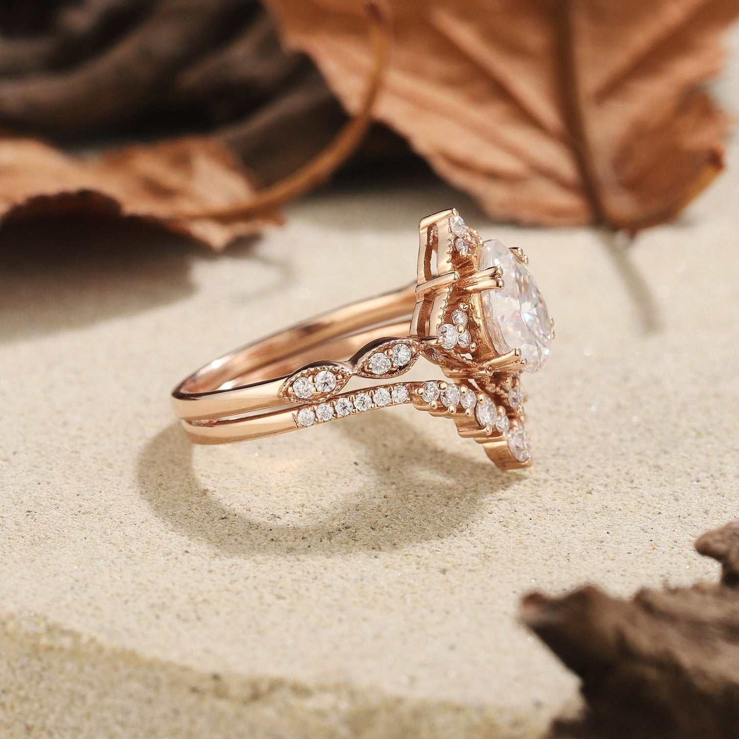 Rose Gold Pear Cut Bridal Set Couple Ring Set His and Her Engagement Ring matching rings