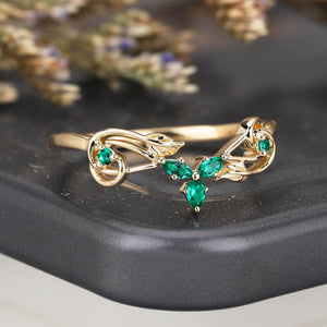 Nature Inspired Leaf & Vine Emerald Curved Wedding Band