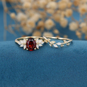 Vintage Leaf Oval Red Garnet Engagement Ring Set