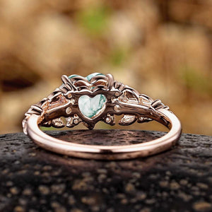 Vintage Leaf Cluster Heart Cut Green Moss Agate Engagement Ring