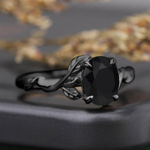 Leaf & Vine Oval Black Onyx Engagement Ring