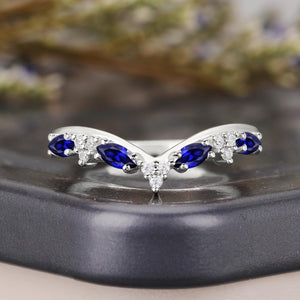 Vintage Marquise Blue Sapphire Curved Wedding Band