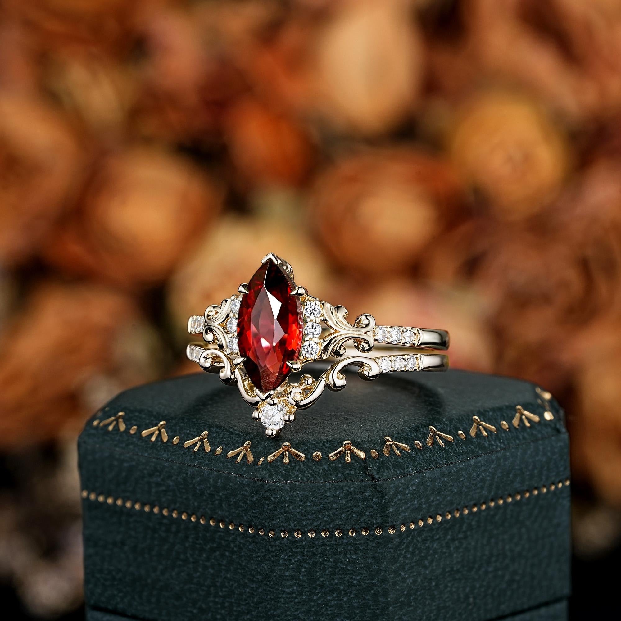 Vintage Marquise Cut Filigree Red Garnet Engagement Ring Set Leaf Ring