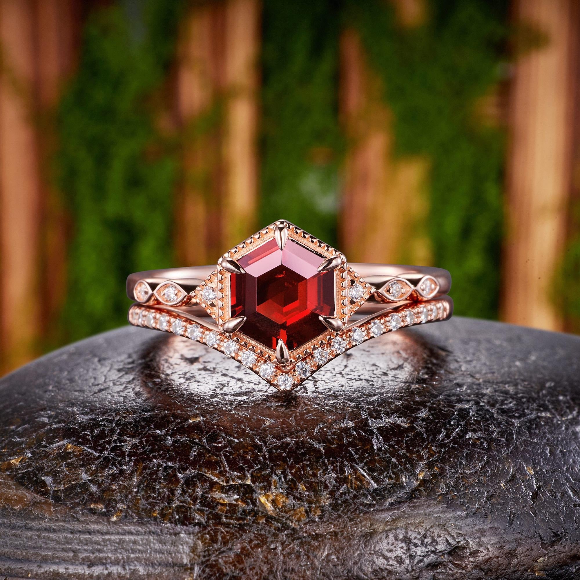 Vintage Hexagon Cut Red Garnet Couple Rings Cluster Ring Nature Inspired Leaf His and Her matching rings