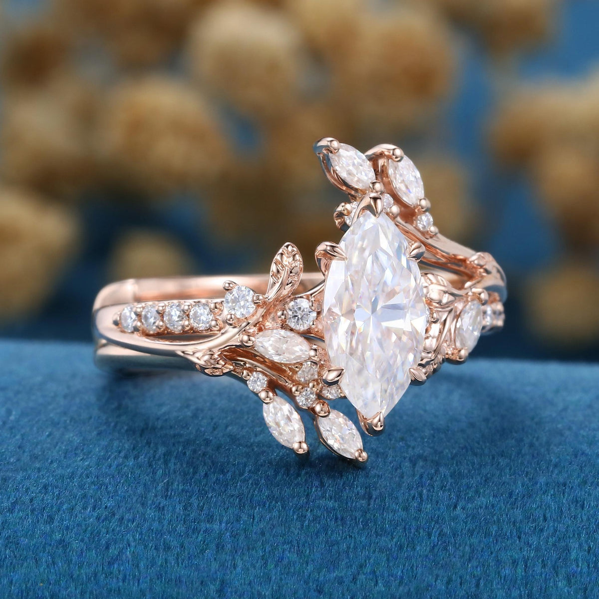Art Deco Marquise Cut White Moissanite Engagement Ring Set