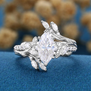 Art Deco Marquise Cut White Moissanite Engagement Ring Set