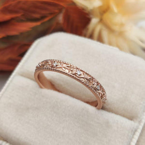 Vintage Floral Scroll Stone Accent Wedding Band