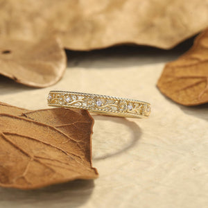 Vintage Floral Scroll Stone Accent Wedding Band