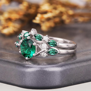 Vintage Leaf & Vine Round Emerald Engagement Ring Set