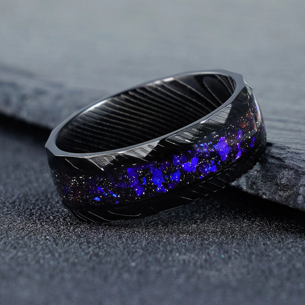 Black Tungsten Ring with Galaxy Opal Inlay and Leaf Cut Band