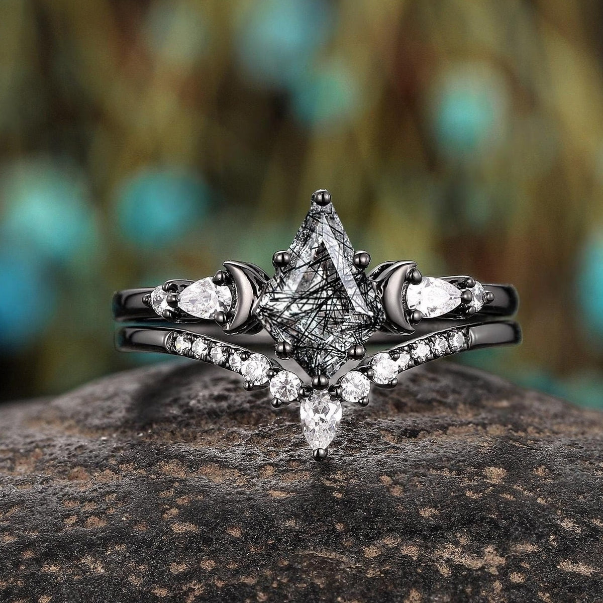 Vintage Kite Cut Natural Rutilated Quartz Engagement Ring Set Black Bridal Ring Set