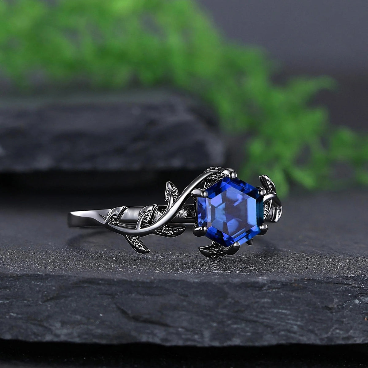 Gothic Black Gold Leaf Octagon Blue Sapphire Engagement Ring