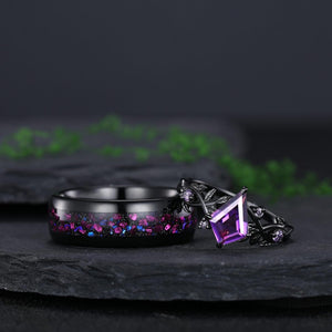 kite amethyst couple ring sets, amethyst tungsten ring, black gold leaf engagement rings, his and hers wedding band promise ring - anerjuly