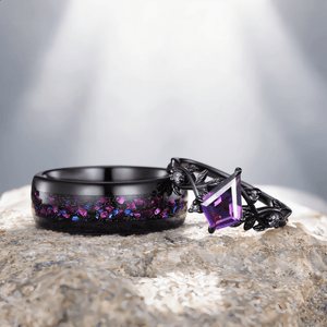 kite amethyst couple ring sets, amethyst tungsten ring, black gold leaf engagement rings, his and hers wedding band promise ring - anerjuly