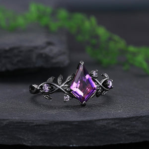kite amethyst couple ring sets, amethyst tungsten ring, black gold leaf engagement rings, his and hers wedding band promise ring - anerjuly