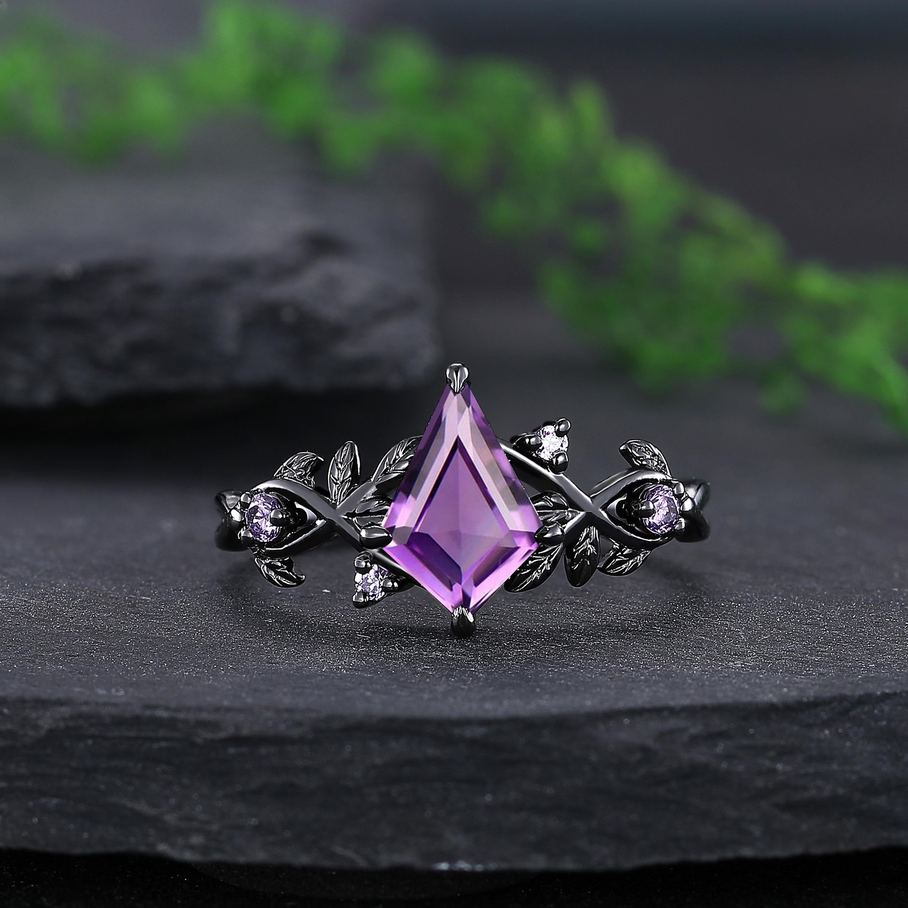 kite amethyst couple ring sets black gold leaf engagement rings his and hers wedding band ring - anerjuly