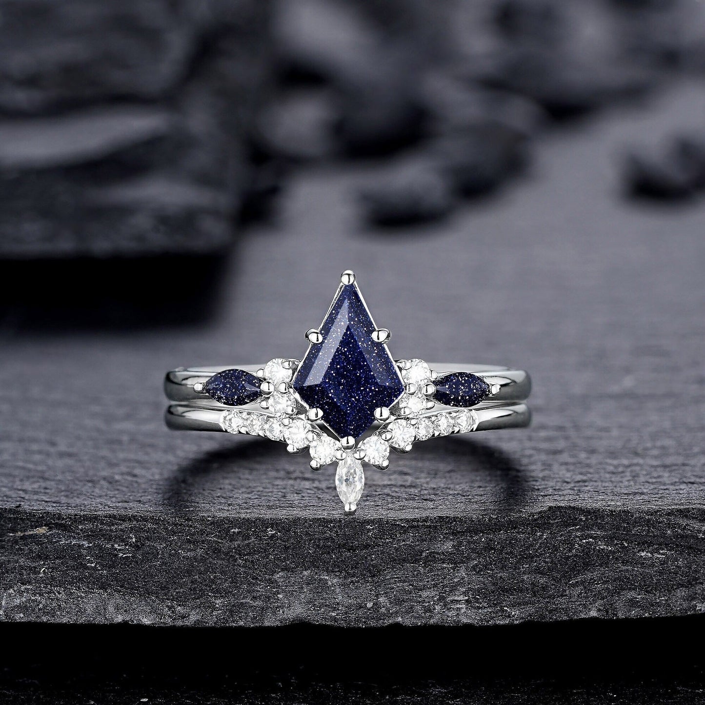 Kite Cut Blue Sandstone Engagement Ring Set, Vintage White Gold Promise Ring Set, Starry Blue Stone Bridal Set Wedding Ring - anerjuly