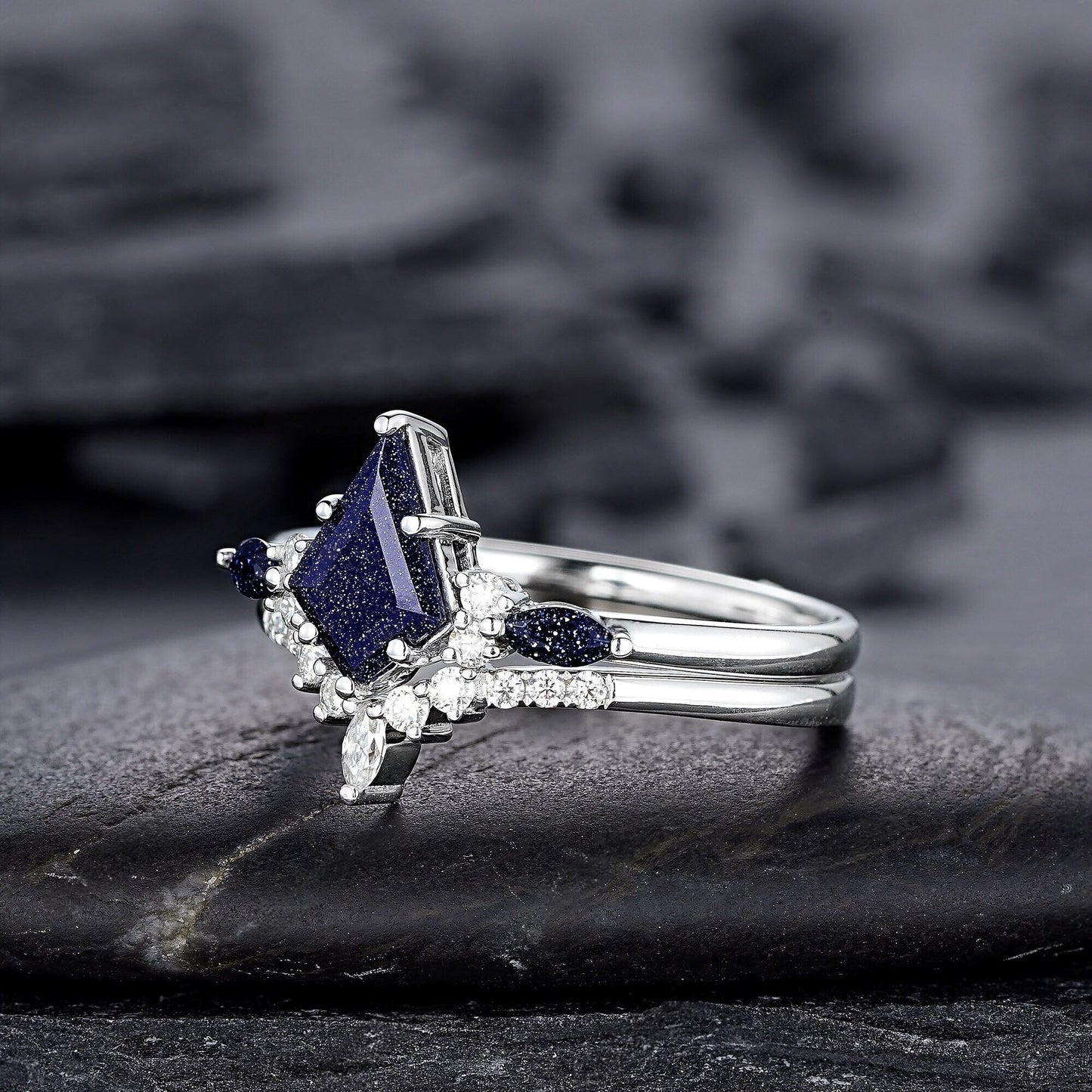 Kite Cut Blue Sandstone Engagement Ring Set, Vintage White Gold Promise Ring Set, Starry Blue Stone Bridal Set Wedding Ring - anerjuly
