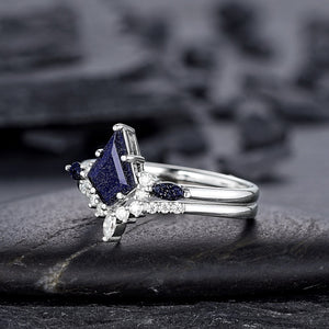 Kite Cut Blue Sandstone Engagement Ring Set, Vintage White Gold Promise Ring Set, Starry Blue Stone Bridal Set Wedding Ring - anerjuly
