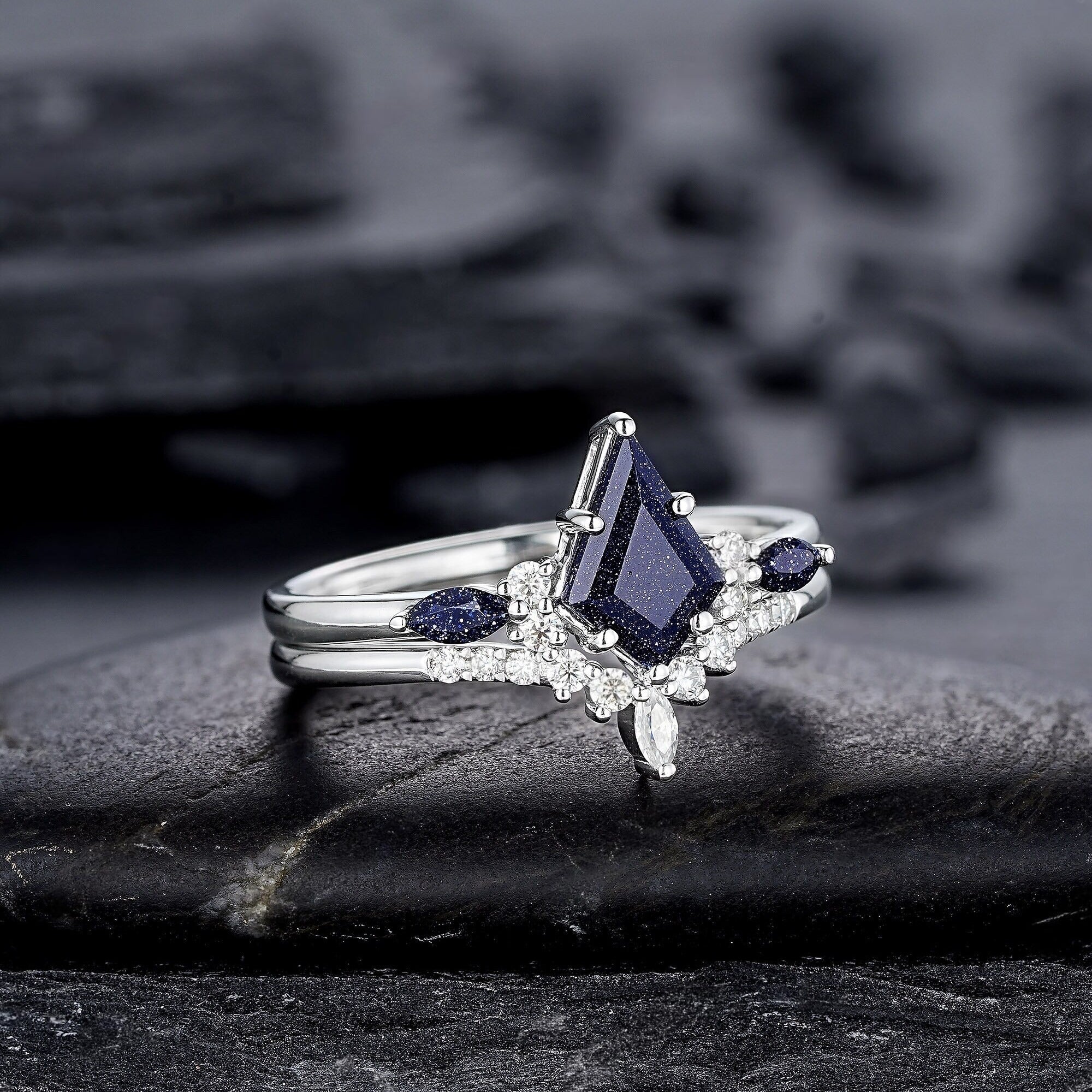 Kite Cut Blue Sandstone Engagement Ring Set, Vintage White Gold Promise Ring Set, Starry Blue Stone Bridal Set Wedding Ring - anerjuly