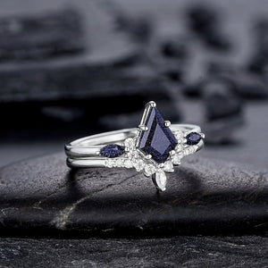 Kite Cut Blue Sandstone Engagement Ring Set, Vintage White Gold Promise Ring Set, Starry Blue Stone Bridal Set Wedding Ring - anerjuly