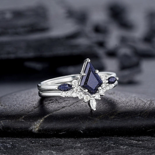 Kite Cut Blue Sandstone Engagement Ring Set, Vintage White Gold Promise Ring Set, Starry Blue Stone Bridal Set Wedding Ring - anerjuly