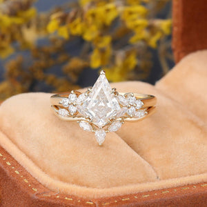 Kite cut Moissanite Engagement ring set Engagement Ring Cluster Ring Art Deco Ring - anerjuly
