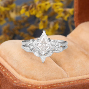 Kite cut Moissanite Engagement ring set Engagement Ring Cluster Ring Art Deco Ring - anerjuly
