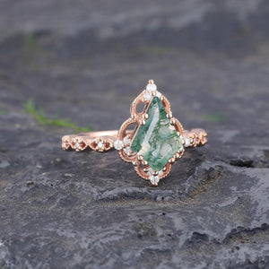 Kite cut Nature Moss Agate Moss Agate Black Gold Ring Set Engagement Ring - anerjuly
