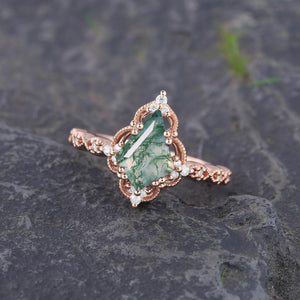 Kite cut Nature Moss Agate Moss Agate Black Gold Ring Set Engagement Ring - anerjuly