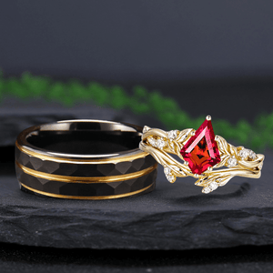 Leaf Design Kite Cut Red Garnet Couple Rings Cluster Ring Nature Inspired Leaf Engagement Ring - anerjuly