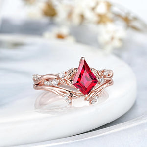 Leaf Design Kite Cut Red Garnet Engagement Ring Set Women Bridal Promise Ring - anerjuly