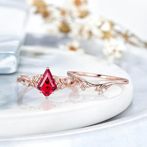 Leaf Design Kite Cut Red Garnet Engagement Ring Set Women Bridal Promise Ring - anerjuly