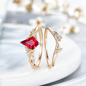 Leaf Design Kite Cut Red Garnet Engagement Ring Set Women Bridal Promise Ring - anerjuly