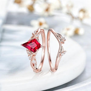 Leaf Design Kite Cut Red Garnet Engagement Ring Set Women Bridal Promise Ring - anerjuly