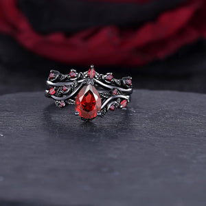 Leaf Design Pear Garnet Ring Black Gold Couple Rings Tungsten Wedding Band Promise Ring - anerjuly